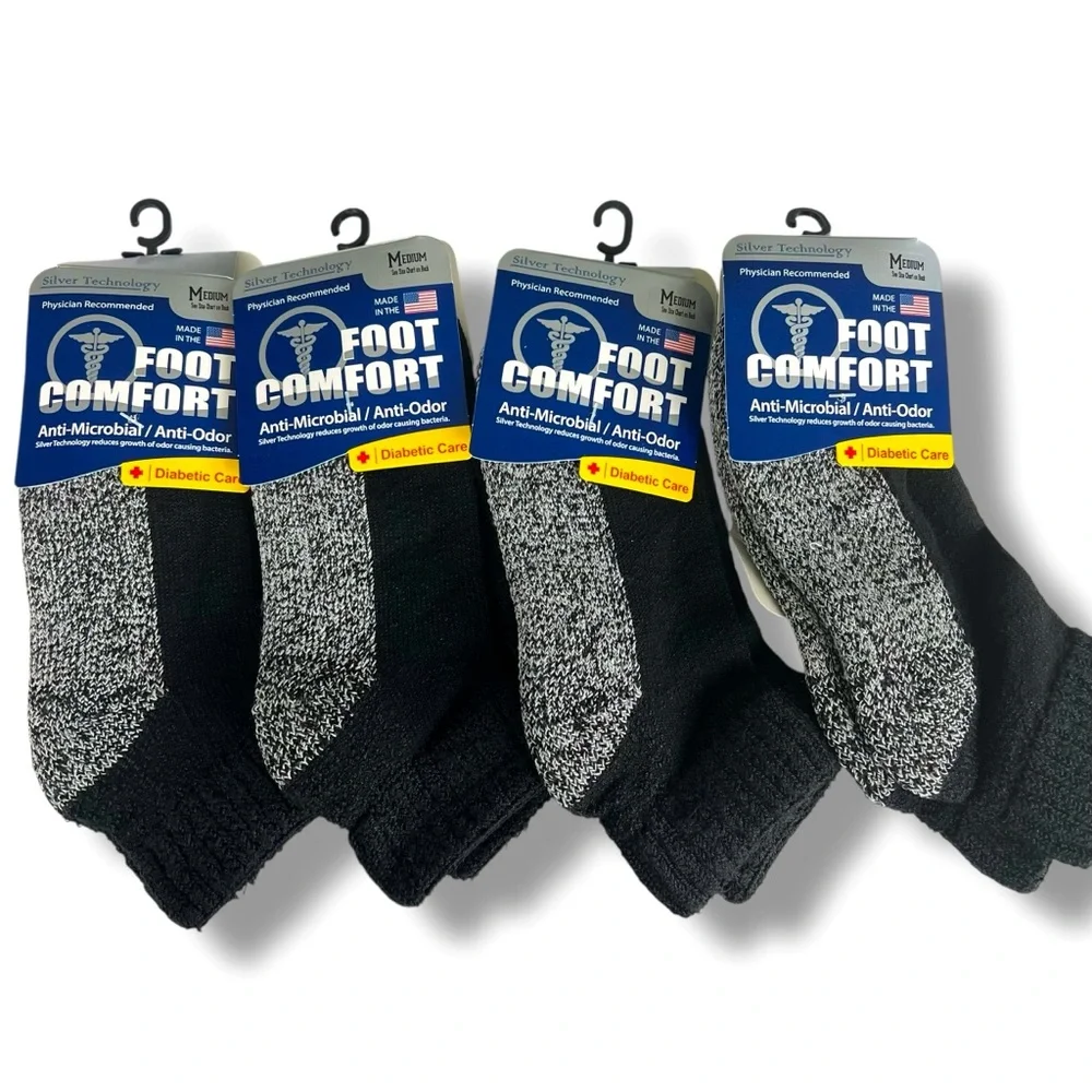 Foot Comfort Mens Size M 4.5-8 Black Gray Quarter Diabetic Socks USA Made 4 Pair